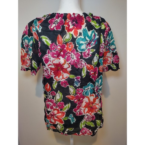 Ann Taylor Womens Blouse Floral Print Ruffle Collar Tie Neck Black Red Medium - Picture 4 of 8